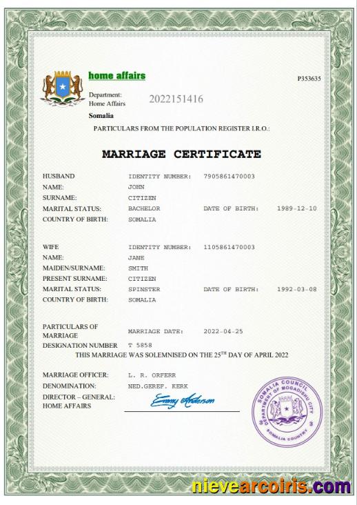 Somalia marriage certificate